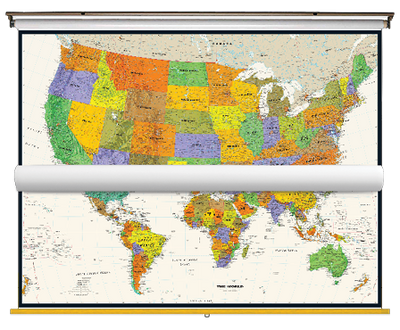 Contemporary US and World Map Classroom Pull Down 2 Map Bundle