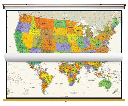 Contemporary US and World Map Classroom Pull Down 2 Map Bundle