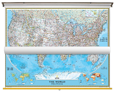 Political US and World Map Classroom Pull Down 2 Map Bundle