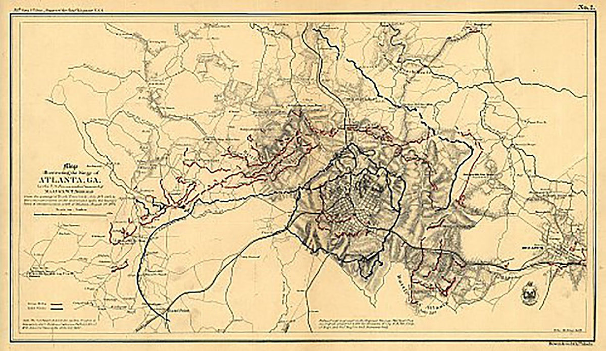 Map illustrating the siege of Atlanta, Ga. by the U.S. forces under command of Maj. Gen. W. T. Sherman, 1864