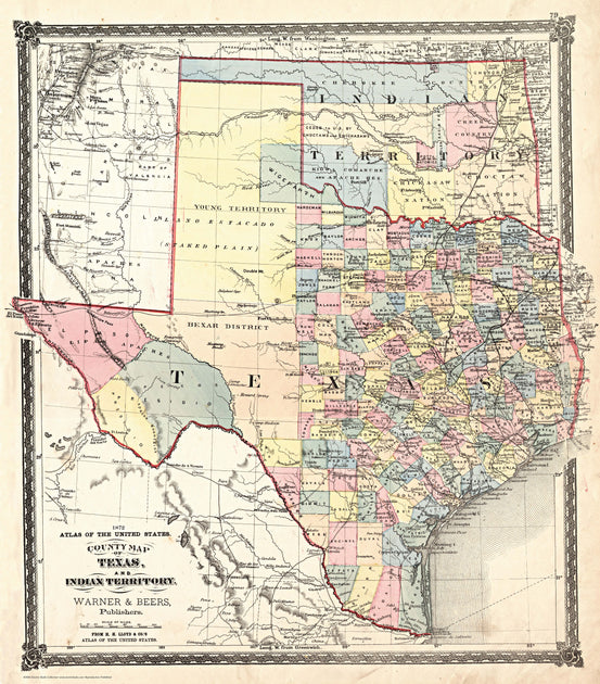 1872 Texas Counties and Indian Territory Map – Texas Map Store