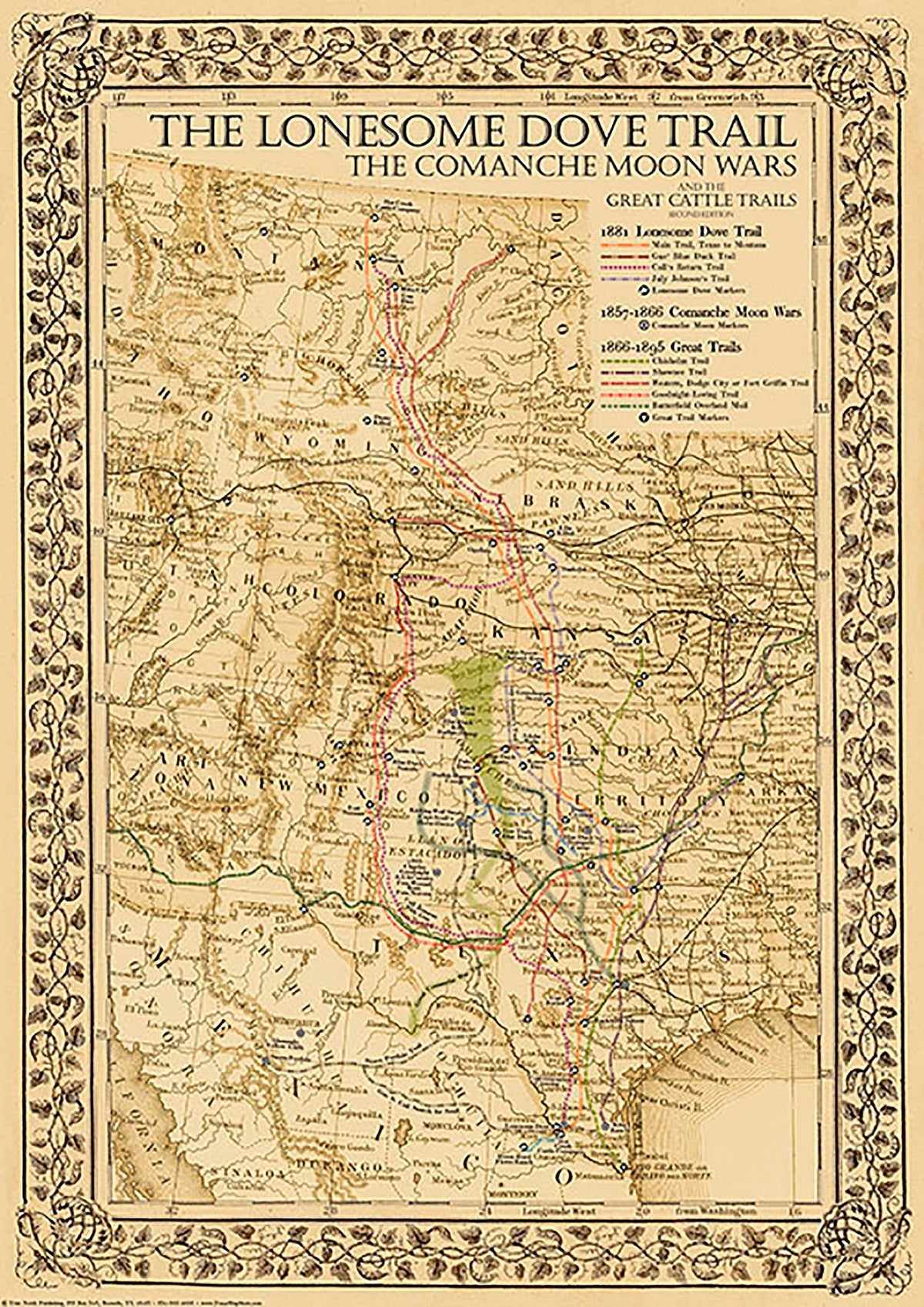 1881 Lonesome Dove/Comanche Moon Wars & Great Cattle Trails Map