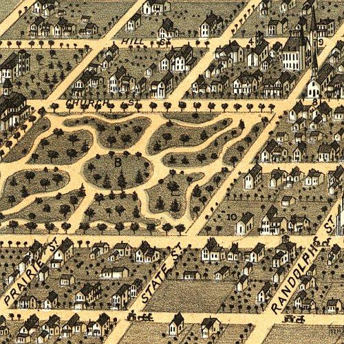 Bird's eye view of Champaign, Illinois by A. Ruger, 1869