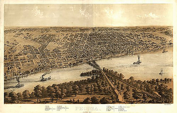 Bird's eye view of Peoria, Illinois by A. Ruger, 1867