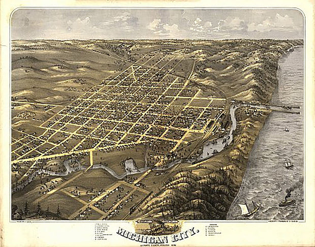 Bird's eye view of the city of Michigan City, Indiana by A. Ruger, 1869
