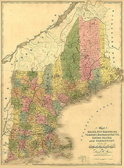 Map of Maine, New Hampshire, Vermont, Massachusetts, Rhode Island, and Connecticut exhibiting the post offices, post roads, canals, rail roads, etc. by David H. Burr, 1839