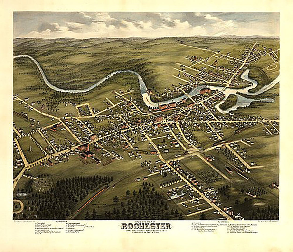 Bird's eye view of Rochester, New Hampshire by J. J. Stoner, 1877