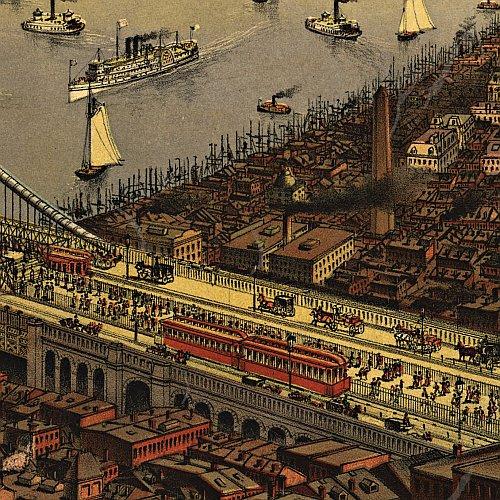 Grand Birds Eye View of the Great East River Suspension (Brooklyn) Bridge by Currier & Ives, 1885