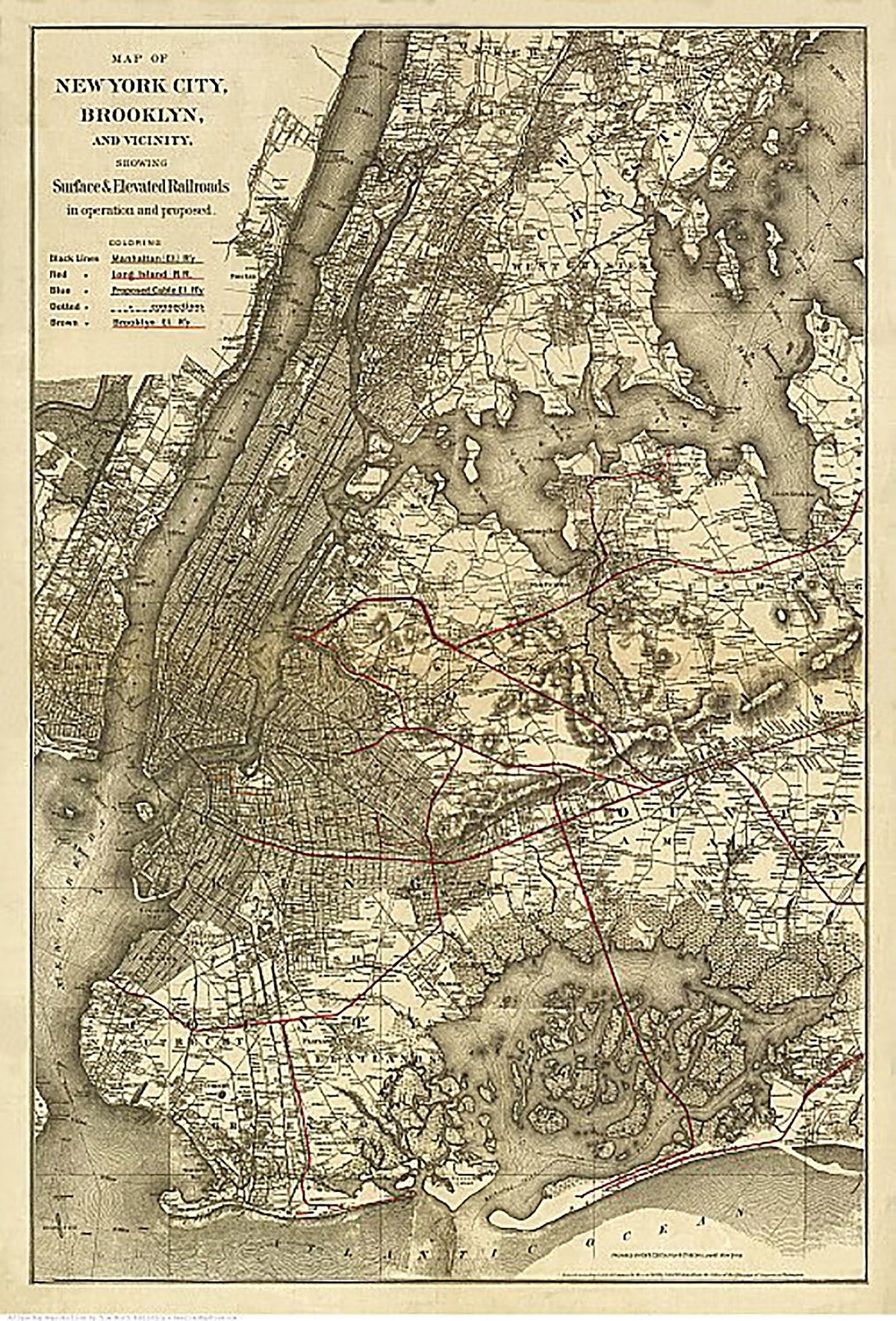 Map of New York City, Brooklyn, and vicinity showing surface & elevated railroads... 1885