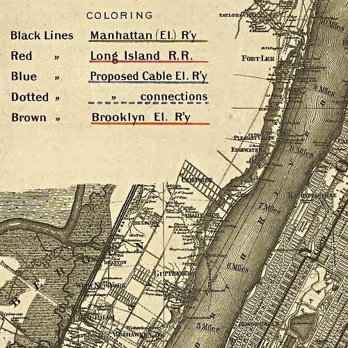 Map of New York City, Brooklyn, and vicinity showing surface & elevated railroads... 1885