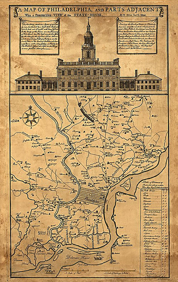 A map of Philadelphia and parts adjacent with a perspective view of the State-House by N. Scull and G. Heap, 1752
