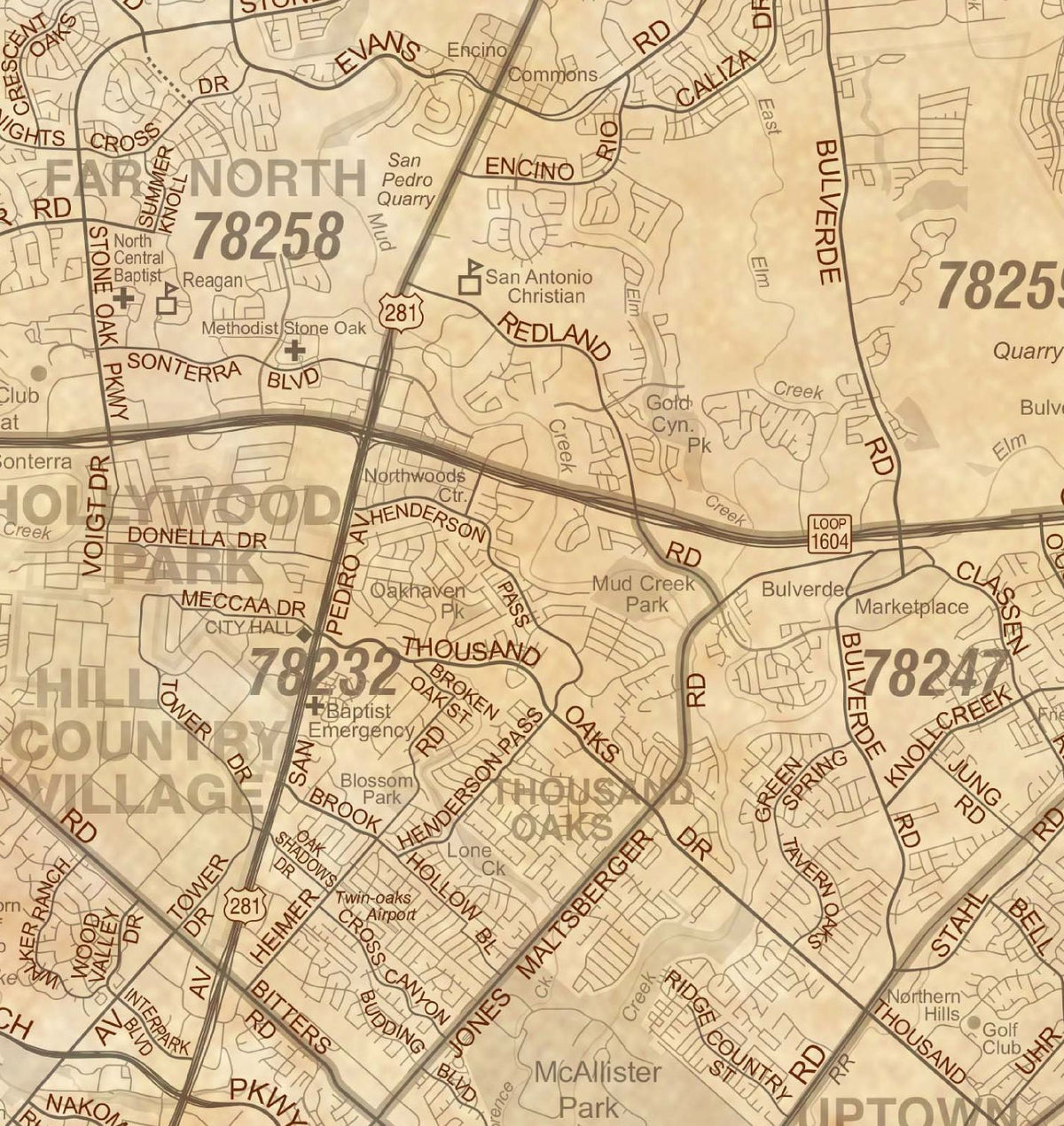 San Antonio Regional Area Major Arterial Wall Map - Antiqued Version