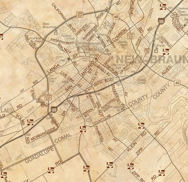 San Antonio Regional Area Major Arterial Wall Map - Antiqued Version