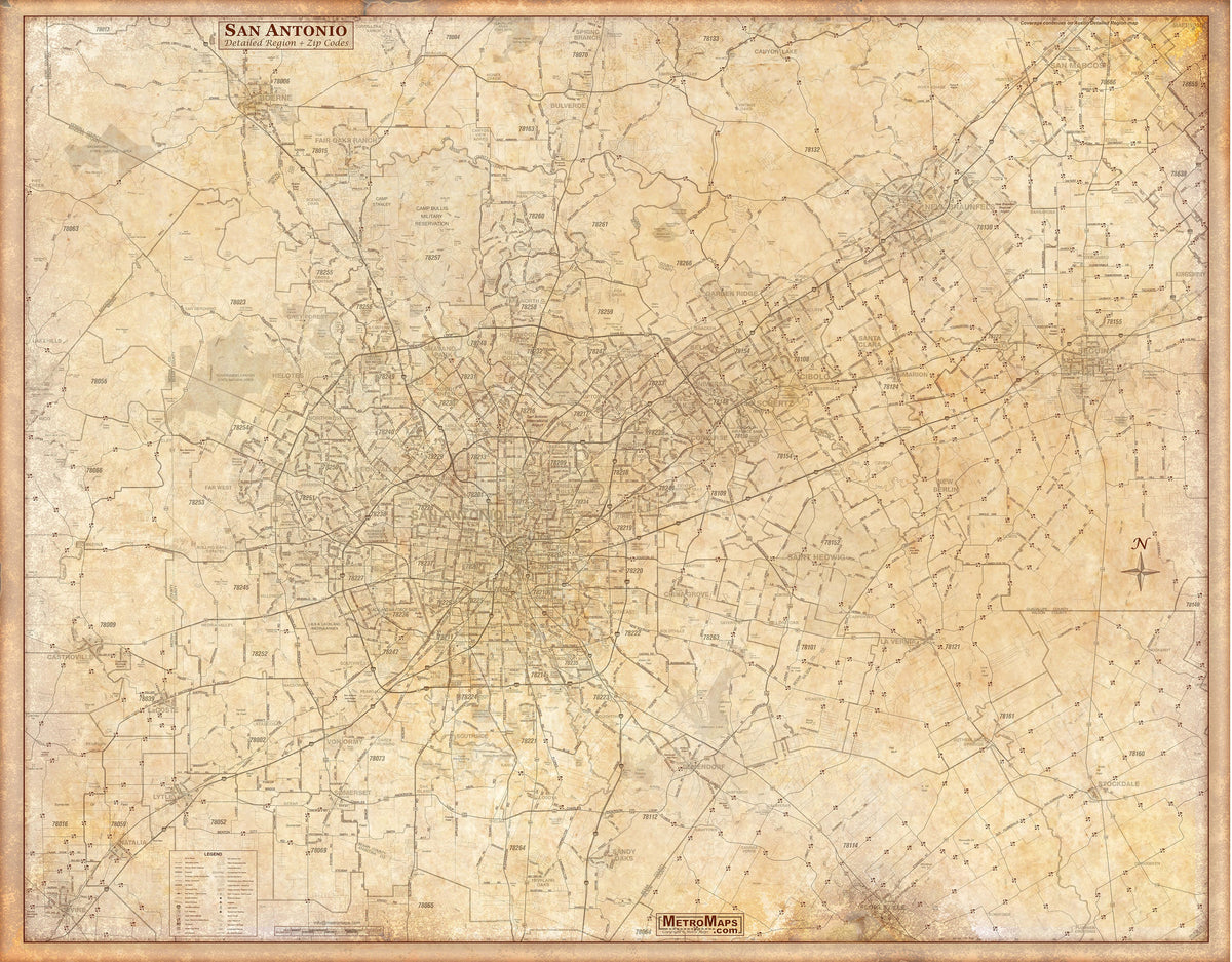 San Antonio Regional Area Major Arterial Wall Map - Antiqued Version
