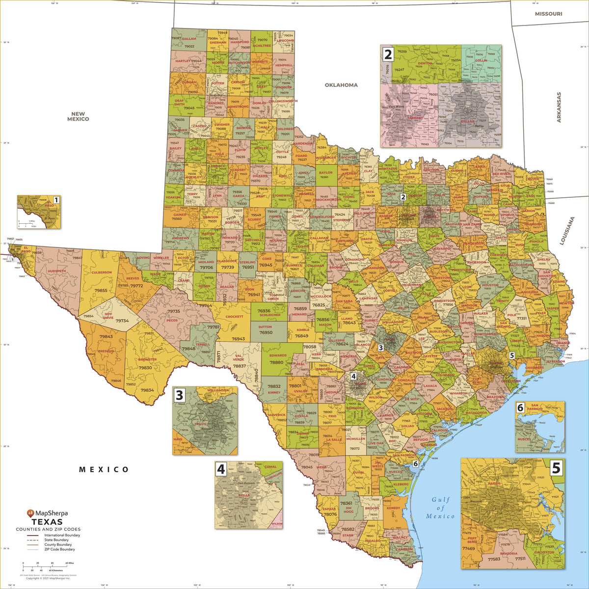 Texas Zip Code Map with Counties