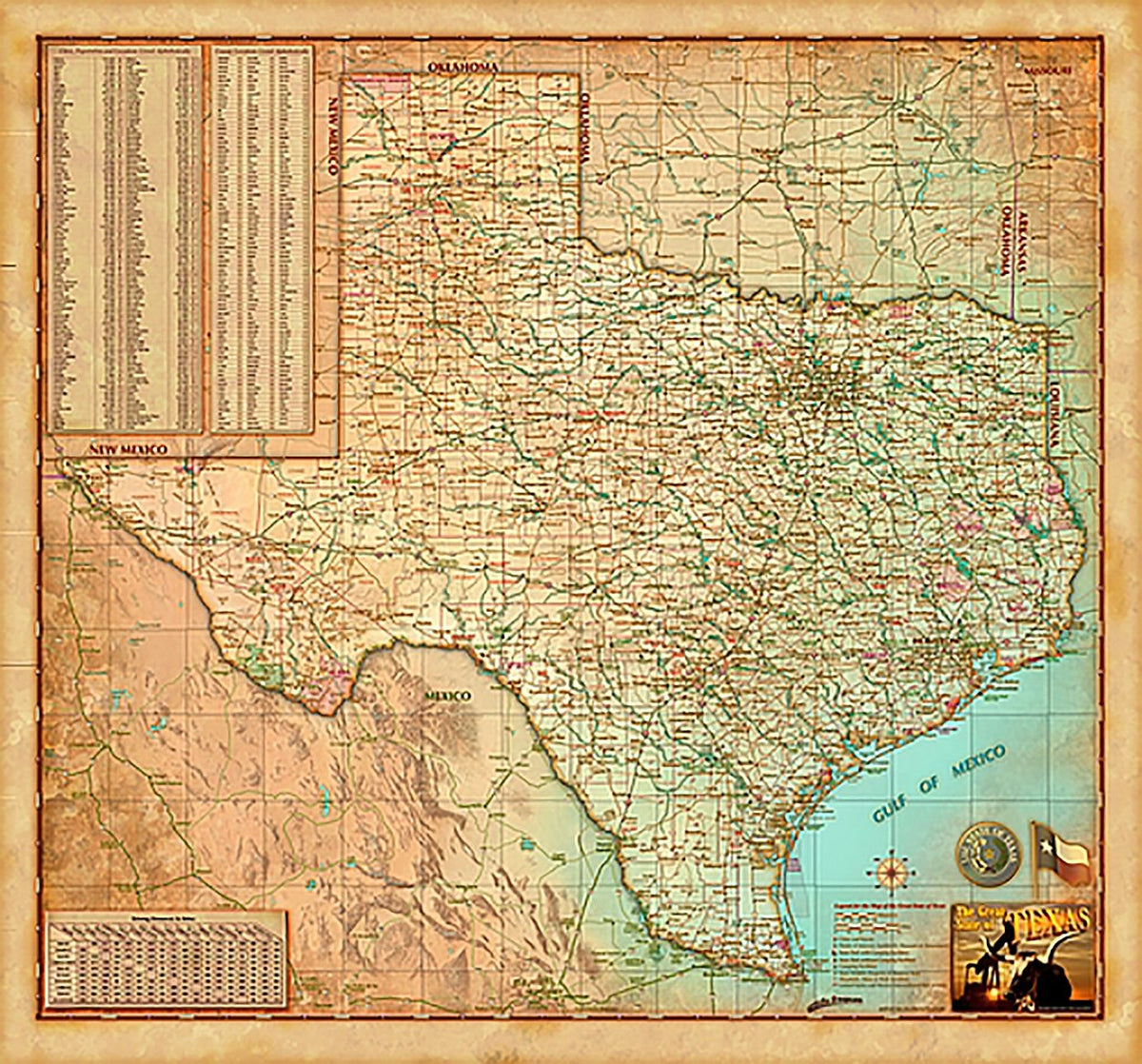 Antique Style Texas Wall Map