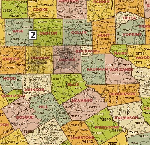 Texas Zip Code Map with Counties
