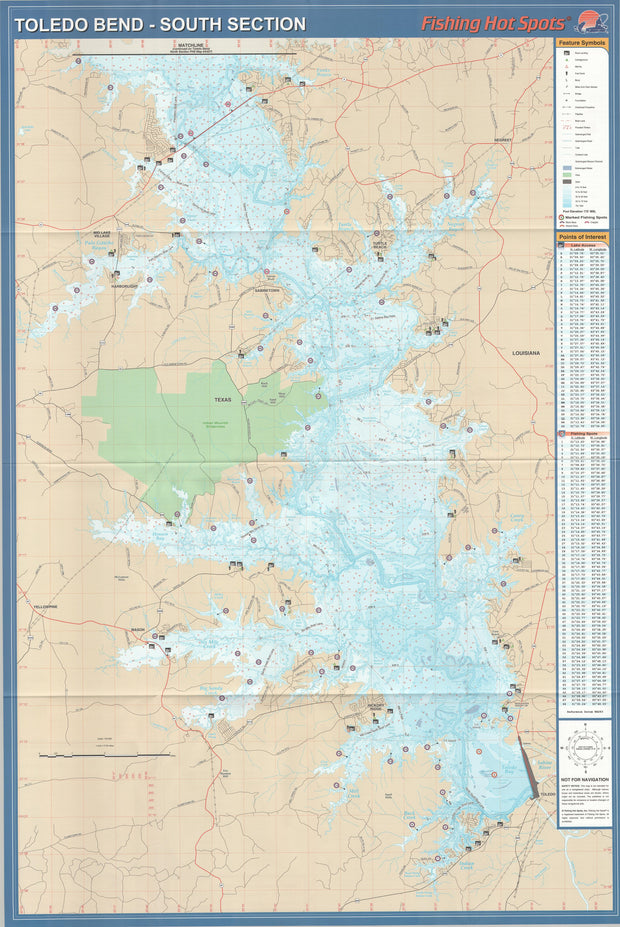 Toledo Bend Reservoir fishing map from Texas Map Store