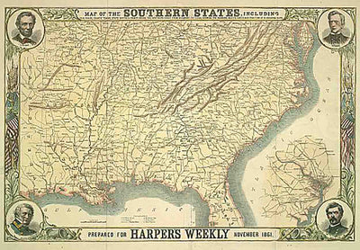 Map of the southern states, including rail roads, county towns, state capitals, county roads..., 1861