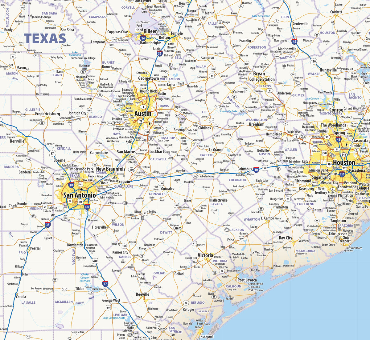 South-Central US Wall Map by Topographic Maps