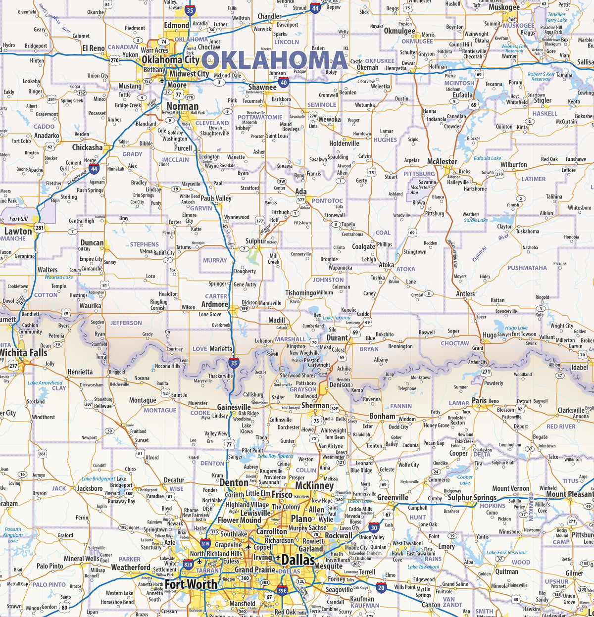 South-Central US Wall Map by Topographic Maps