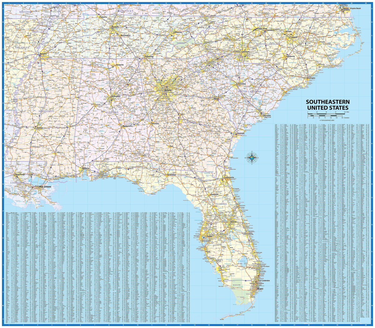 Southeast US Wall Map by Topographic Maps