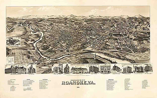 Perspective map of the city of Roanoke, Virginia by American Publishing Co., 1891