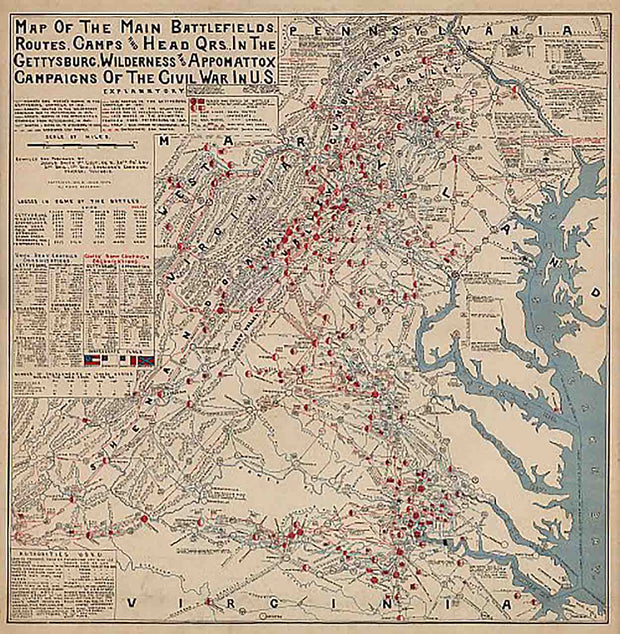 Map of the Main Battlefields, Routes, Camps and Head Qrs., in the Gettysburg, Wilderness and Appomattox campaigns