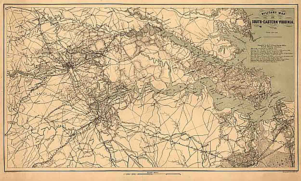 Military map of south-eastern Virginia by A. Lindenkohl, 1864