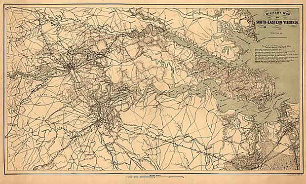 Military map of south-eastern Virginia by A. Lindenkohl, 1864