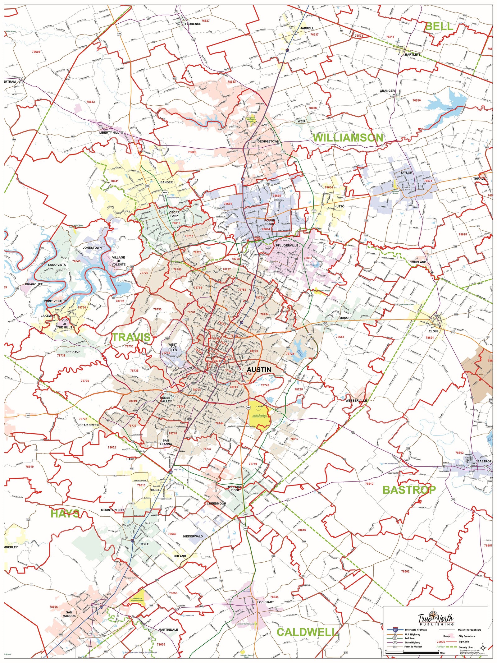 Greater Austin Area Major Arterial Wall Map by True North Publishing