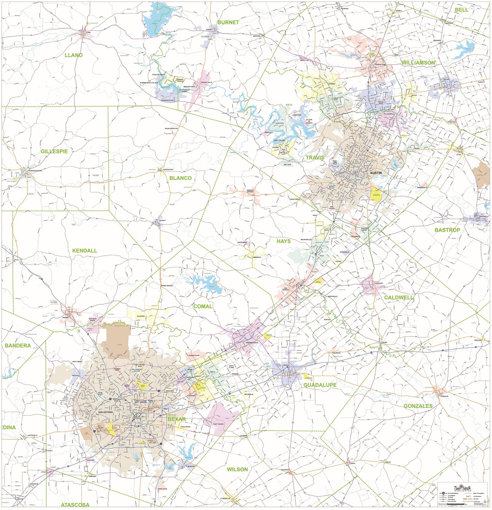 Greater Austin & San Antonio Metro Area Major Arterial Wall Map by True North Publishing