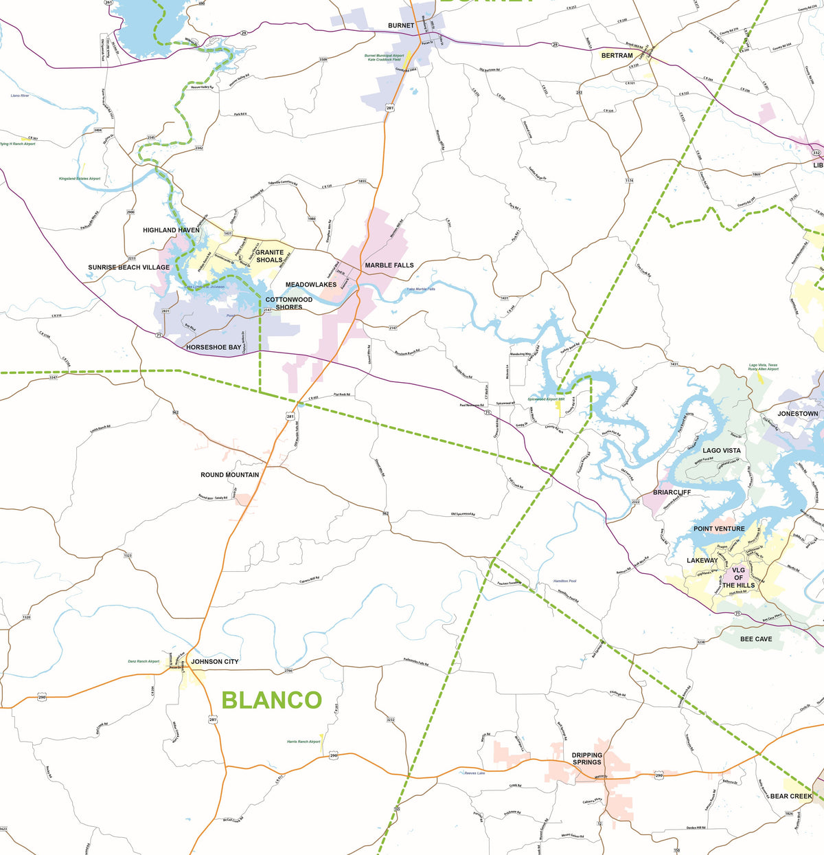 Greater Austin & San Antonio Metro Area Major Arterial Wall Map by True North Publishing