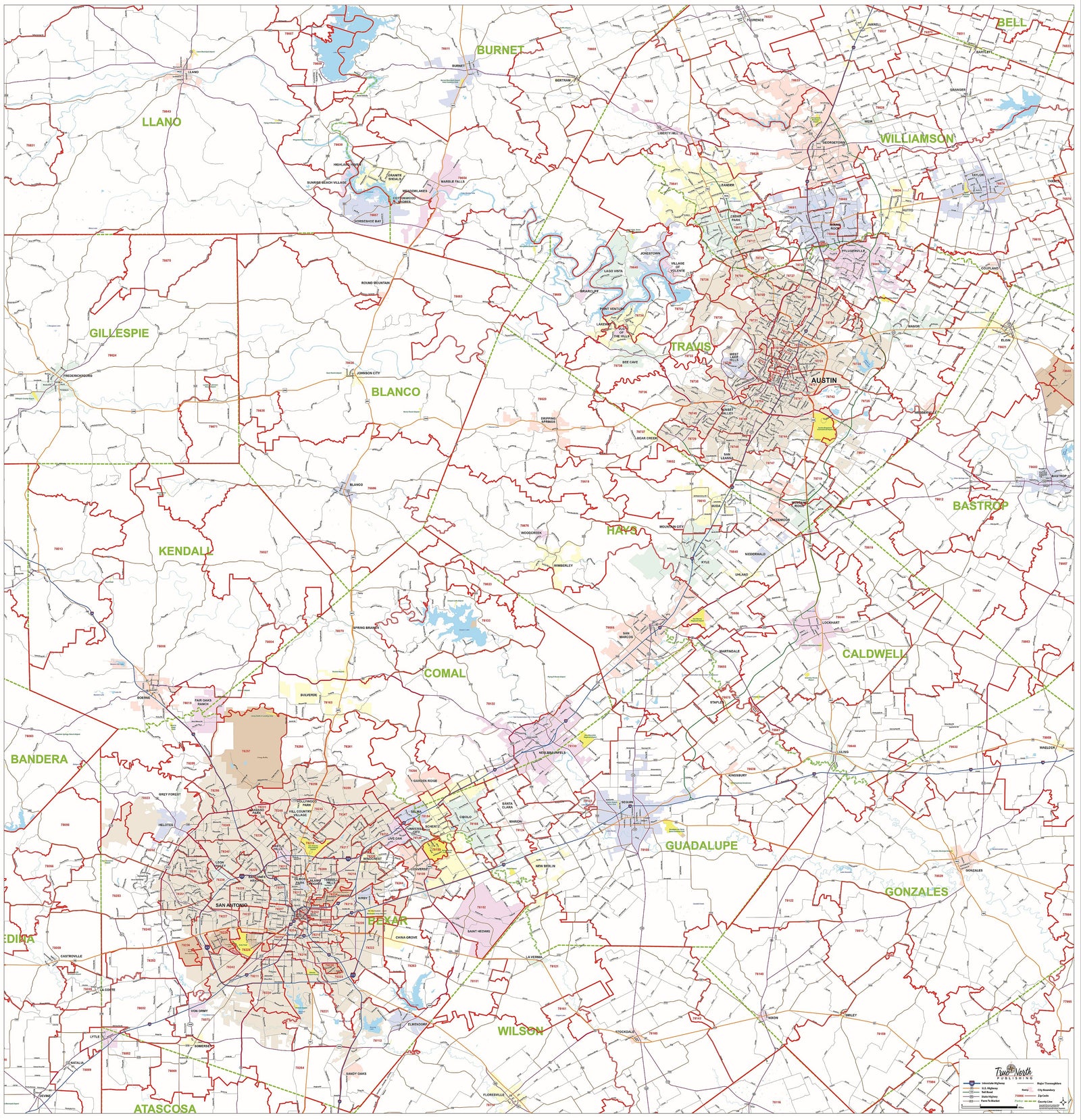 Greater Austin & San Antonio Metro Area Major Arterial Wall Map by True North Publishing