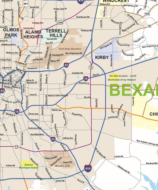 San Antonio Major Arterial Wall Map Another Variation
